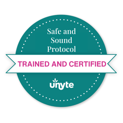 Teal circular certificate badge with a dotted border: 'Safe and Sound Protocol' at the top, a white ribbon across the middle reading 'TRAINED AND CERTIFIED', and a small unyte logo below.