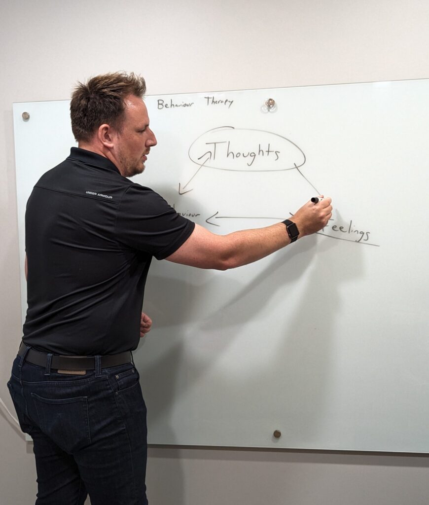 Man in a black polo writing on a whiteboard, which shows a diagram labeled 'Thoughts' and 'Behaviour Theory' at the top side profile view