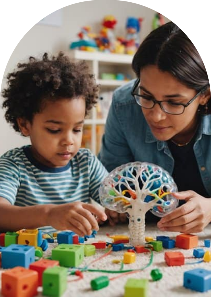 Child and therapist working together with colorful toys and brain model in therapy session.
